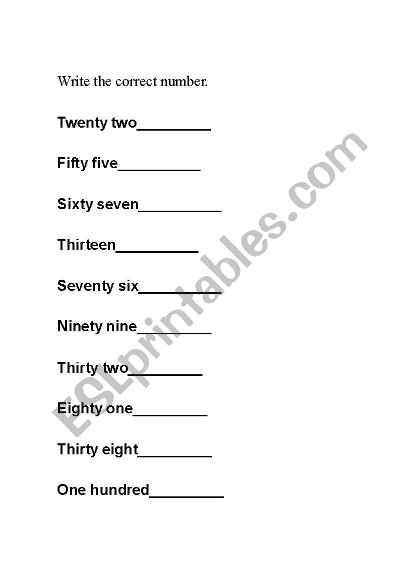 Write the correct number worksheet