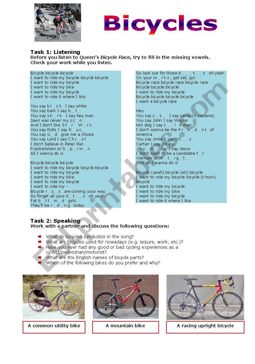 Bicycles worksheet