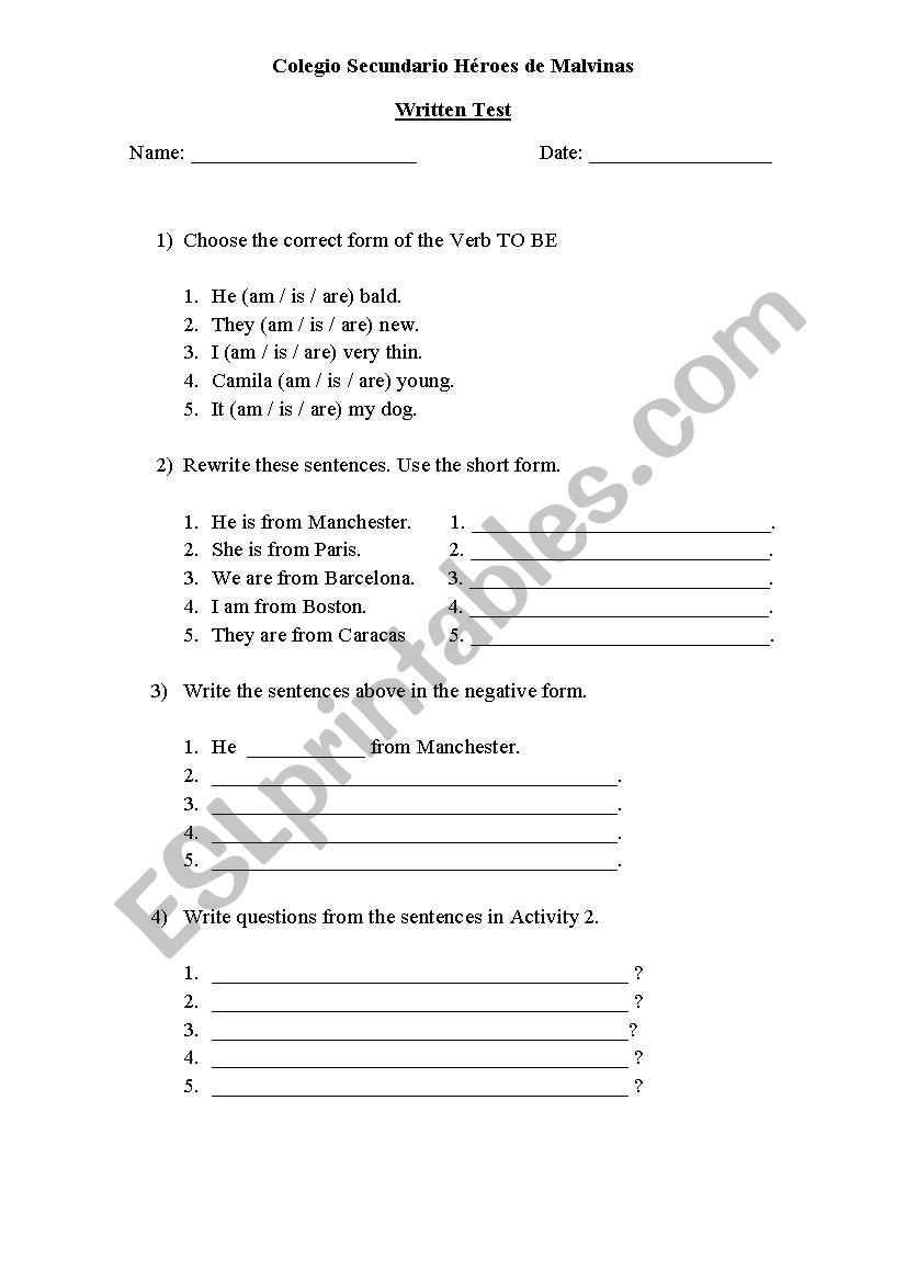 written test Verb to BE worksheet