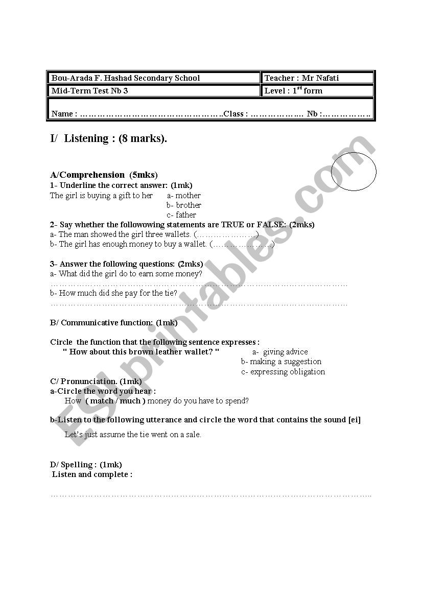  A first form mid-term test nb 3