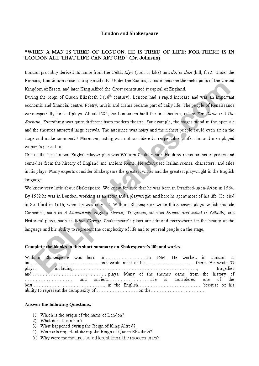 London and Shakespeare worksheet