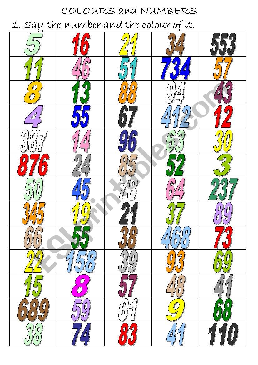 Colours and numbers worksheet