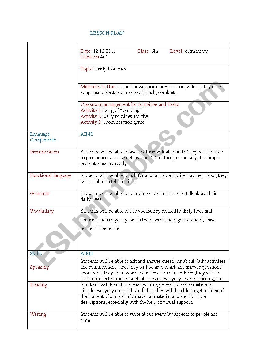 DAILY LIVES AND ROUTINES  worksheet