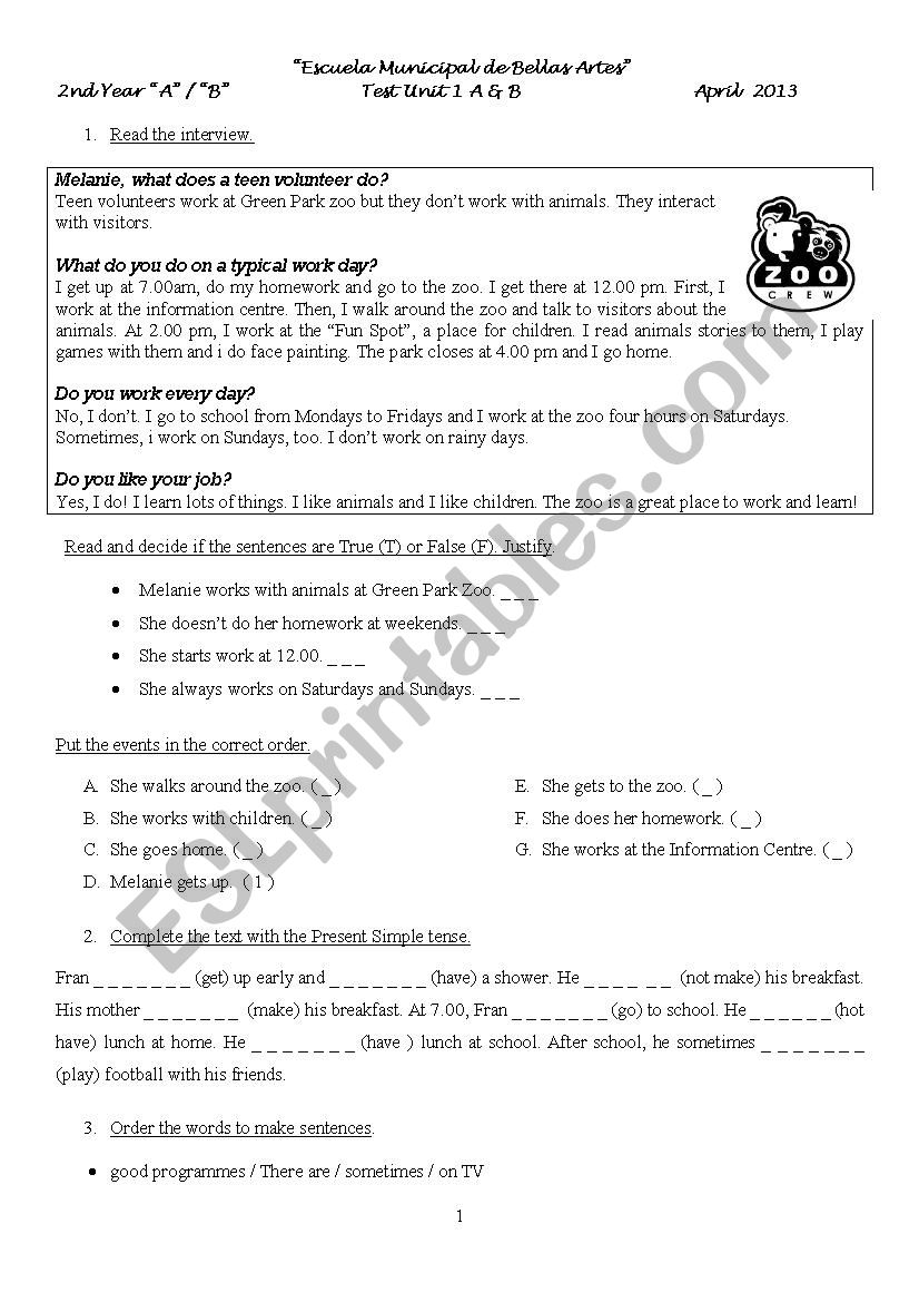 test Present Simple worksheet