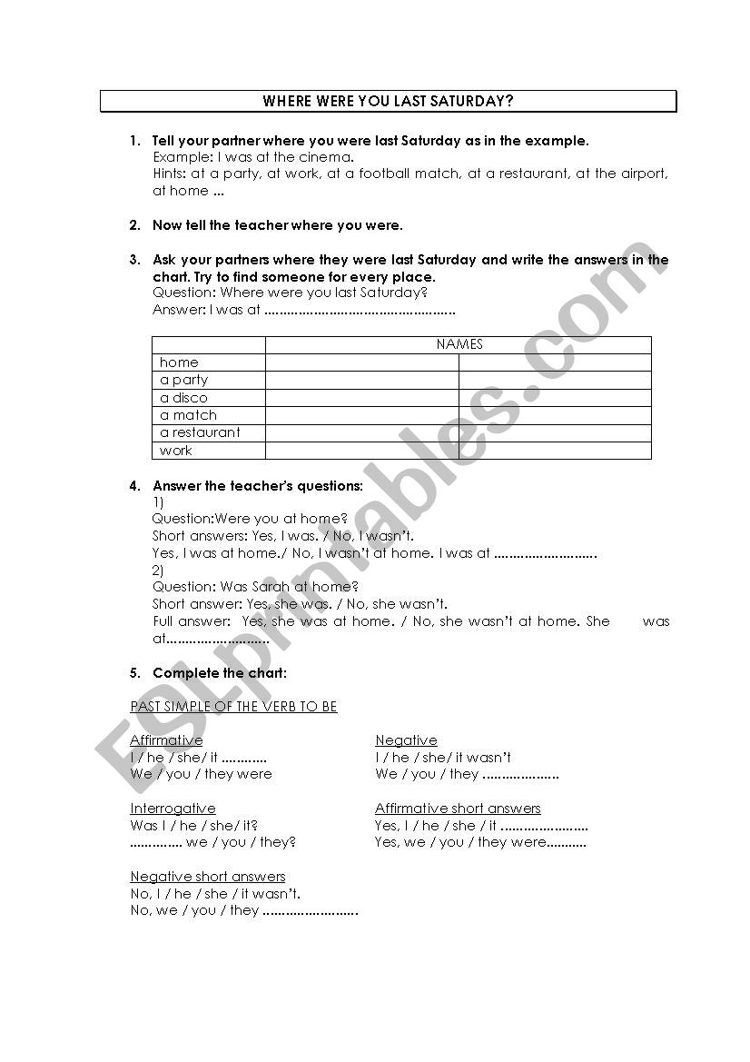 Where were you last Saturday? worksheet