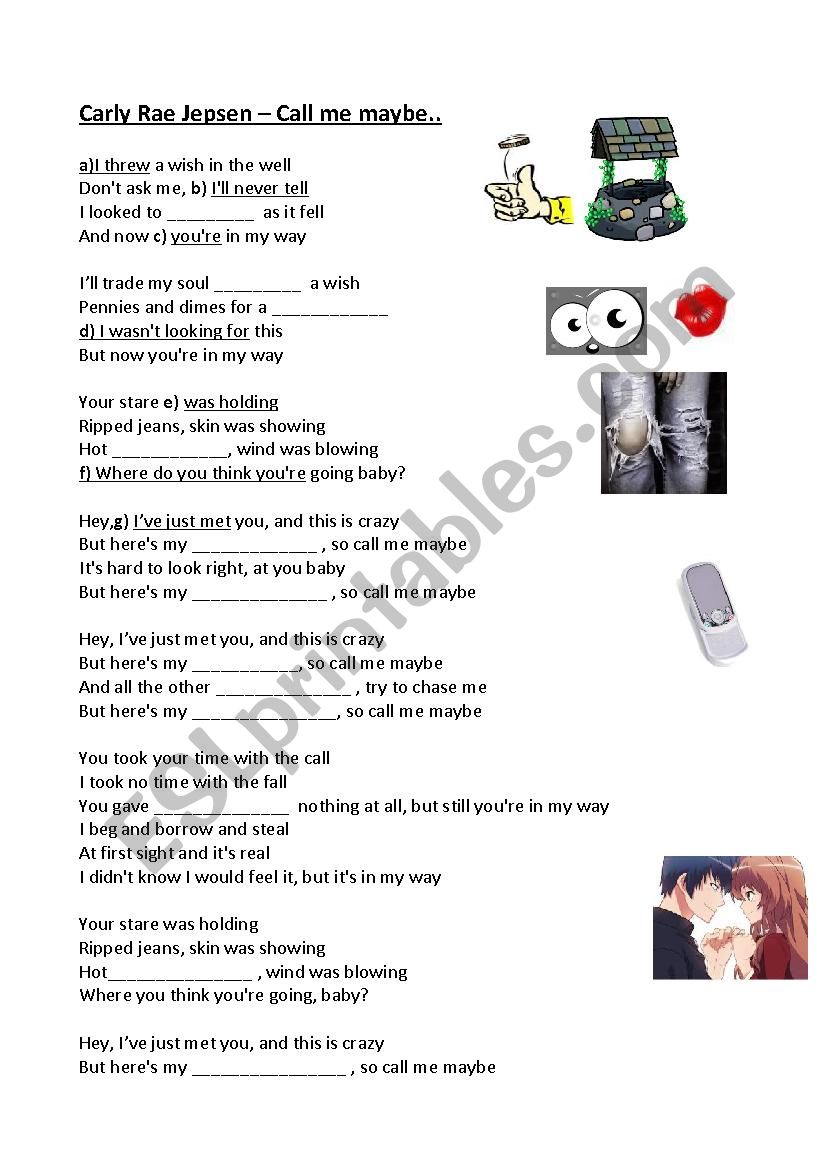 Pop music - call me maybe worksheet