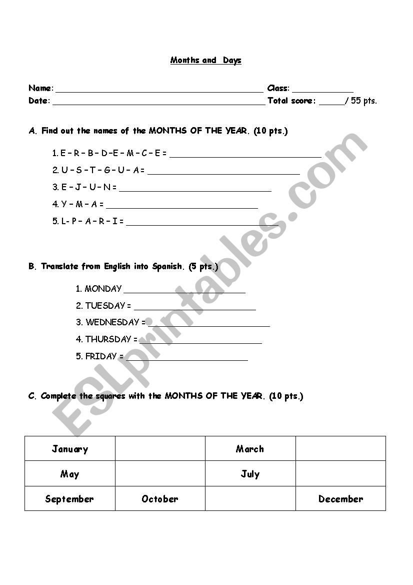 Months & Days Test worksheet