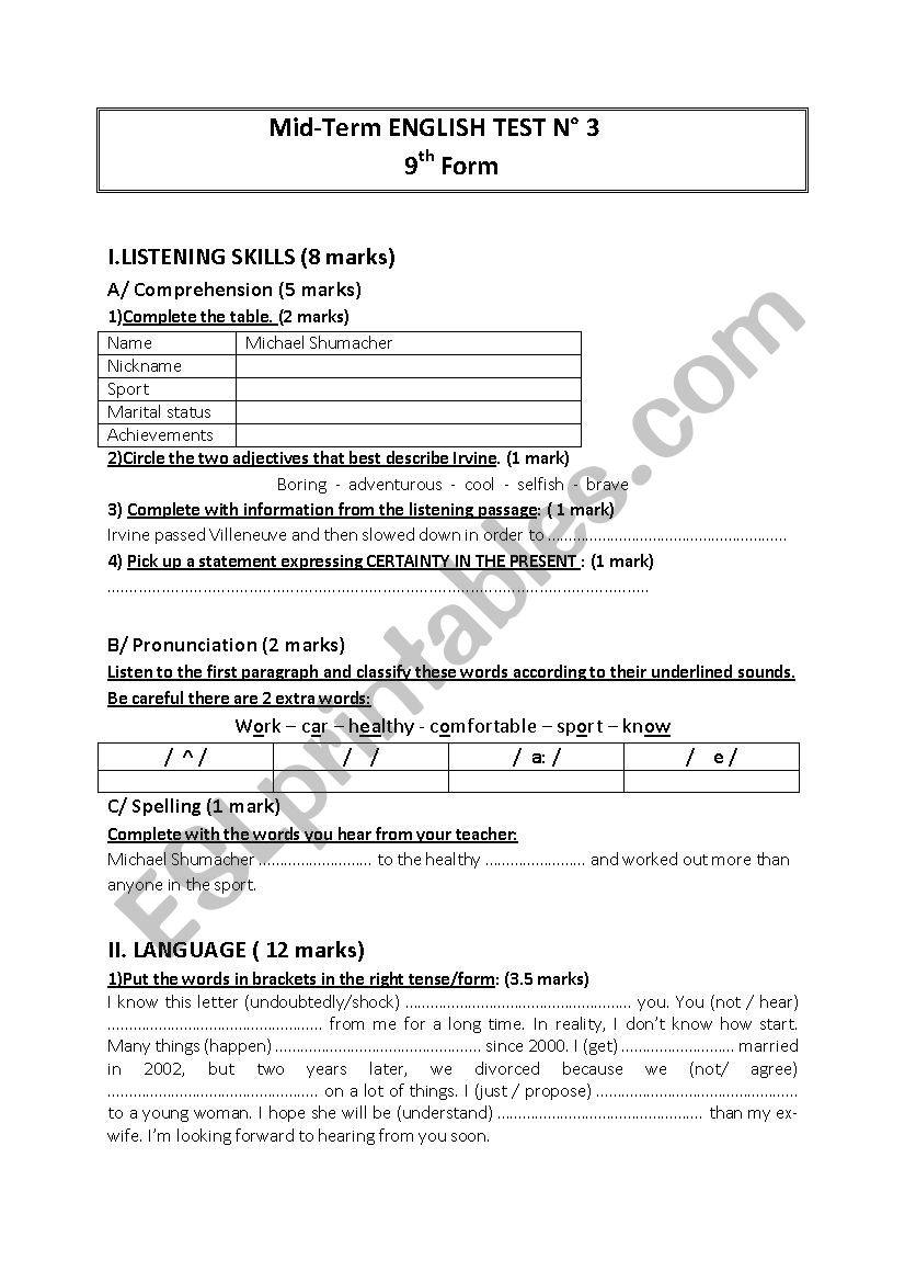 Third mid term Test 9th Form worksheet