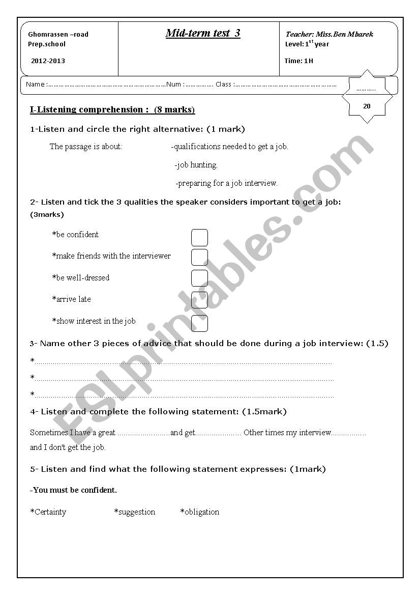 3rd mid-term test first form tunisian students