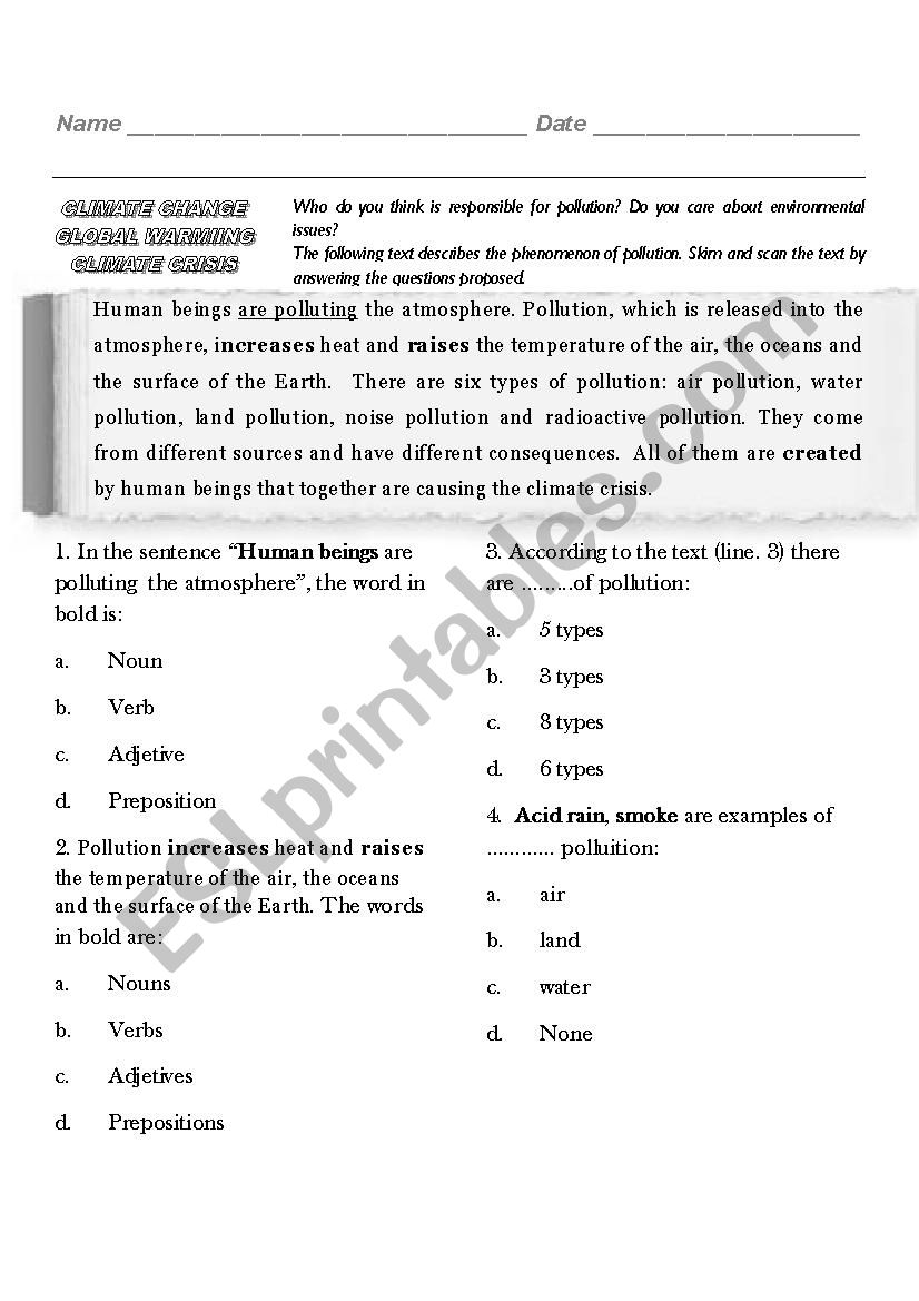 POLLUTION worksheet