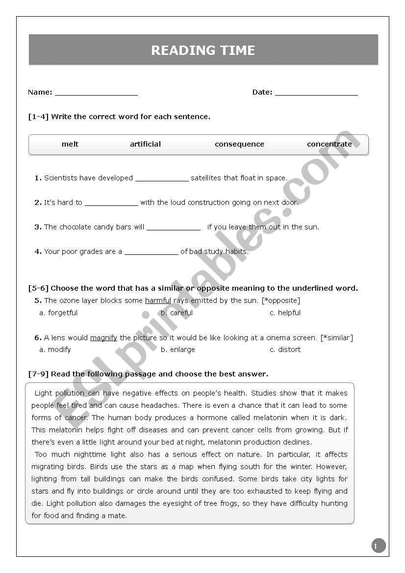 reading time worksheet