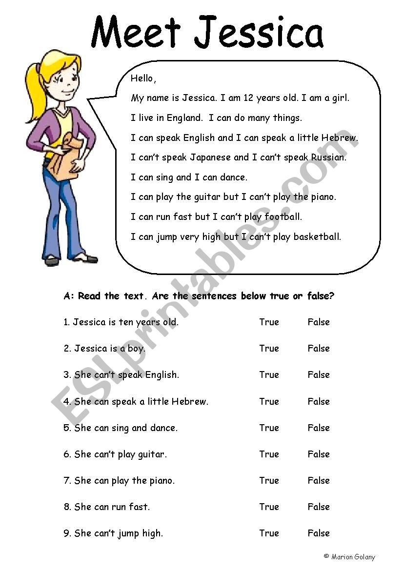 personal info and can/canÂ´t for ability reading comprehension/guided writing exercise (2pages)