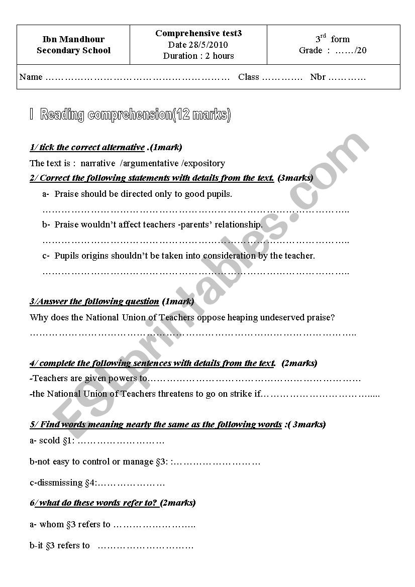 full term test n3 worksheet