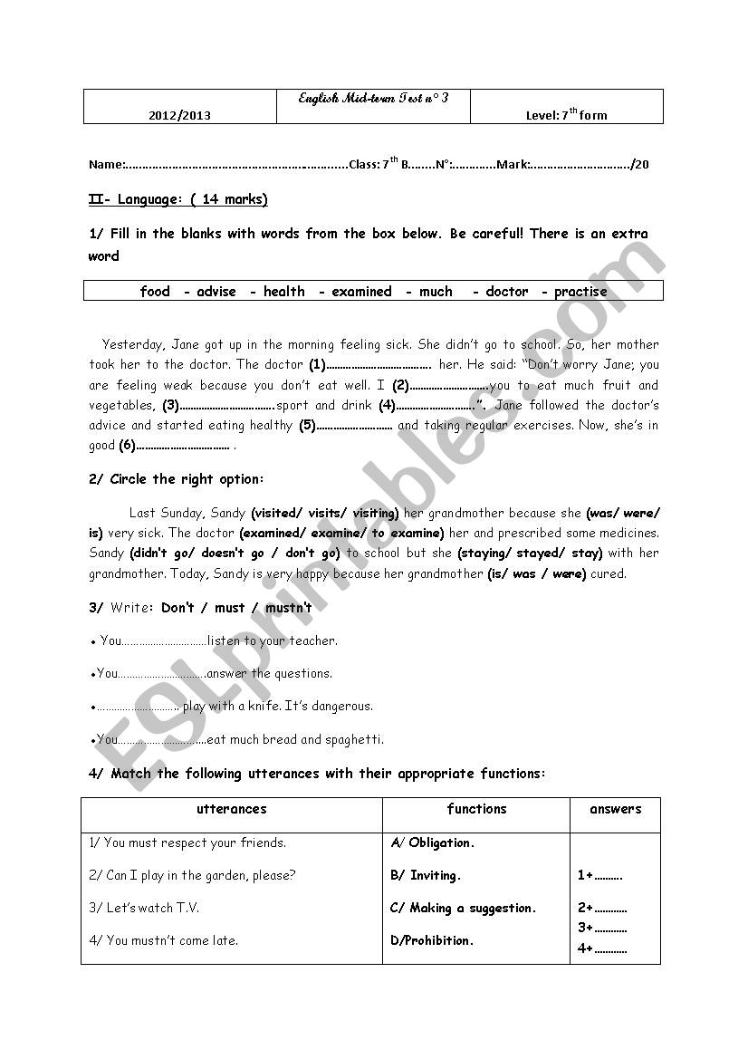 Mid-term Test n3 7th form worksheet