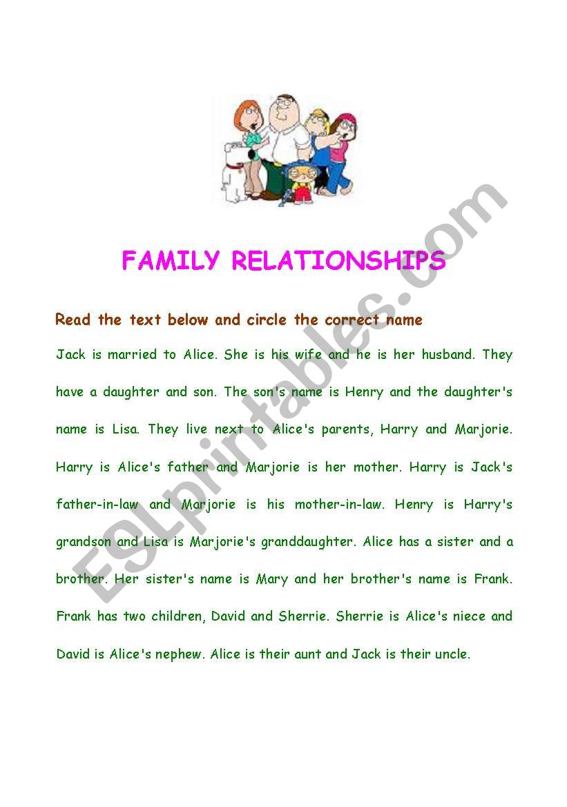 FAMILY RELATIONSHIPS worksheet