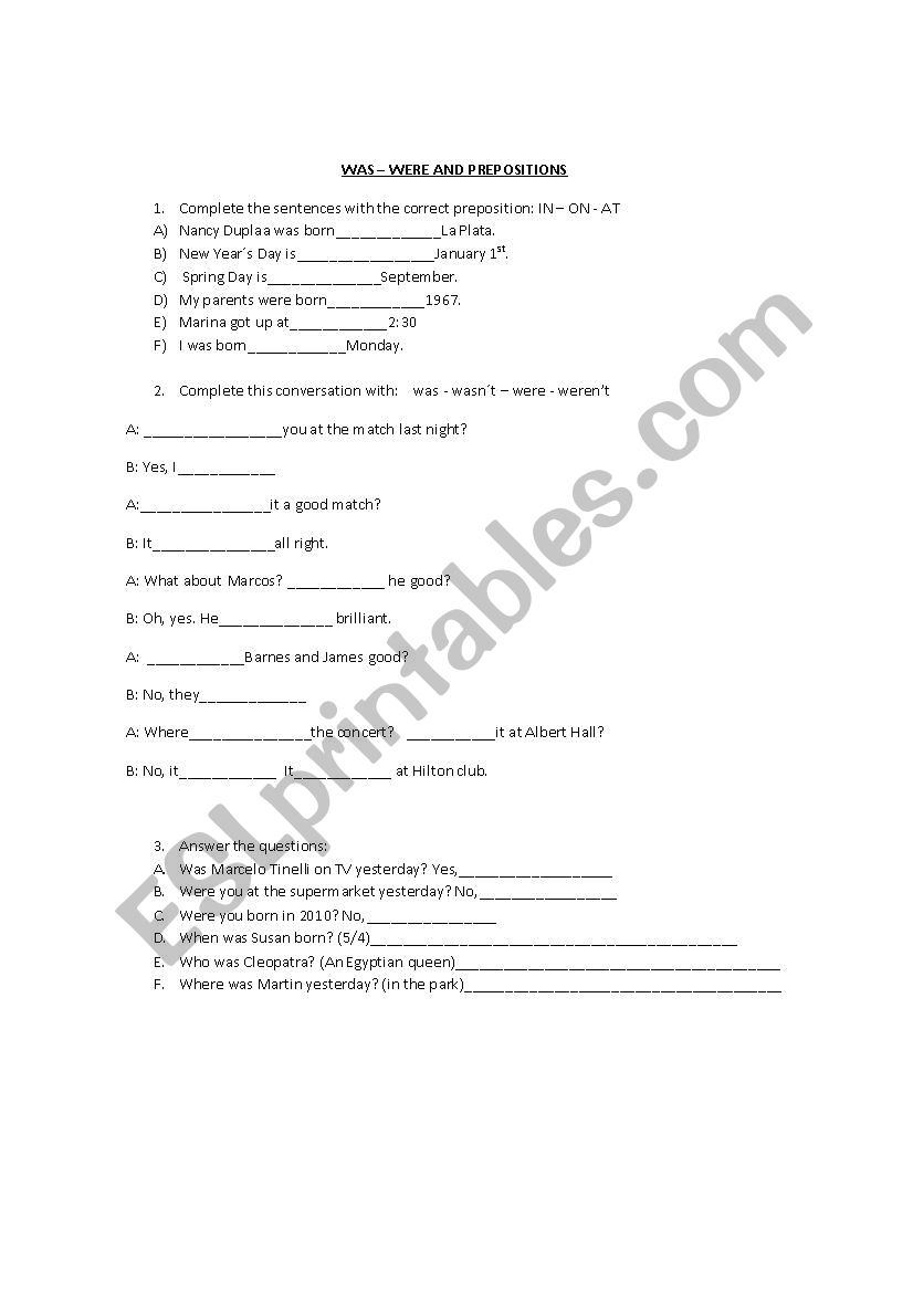 Past simple of verb to be worksheet