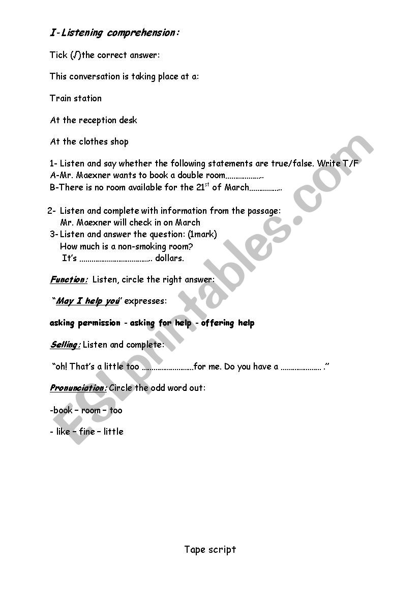 hotel reservation worksheet