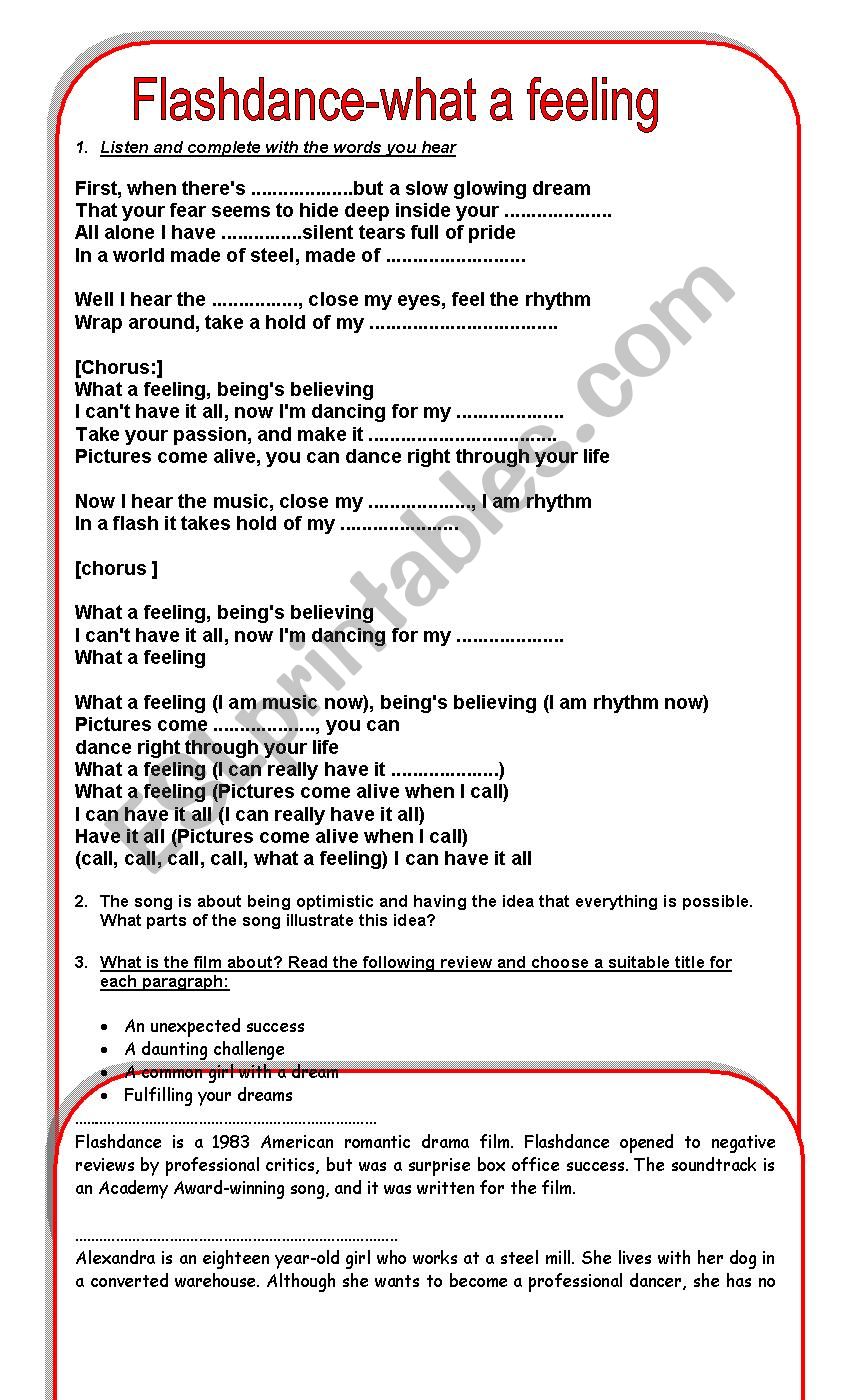 Flashdance- What a feeling worksheet