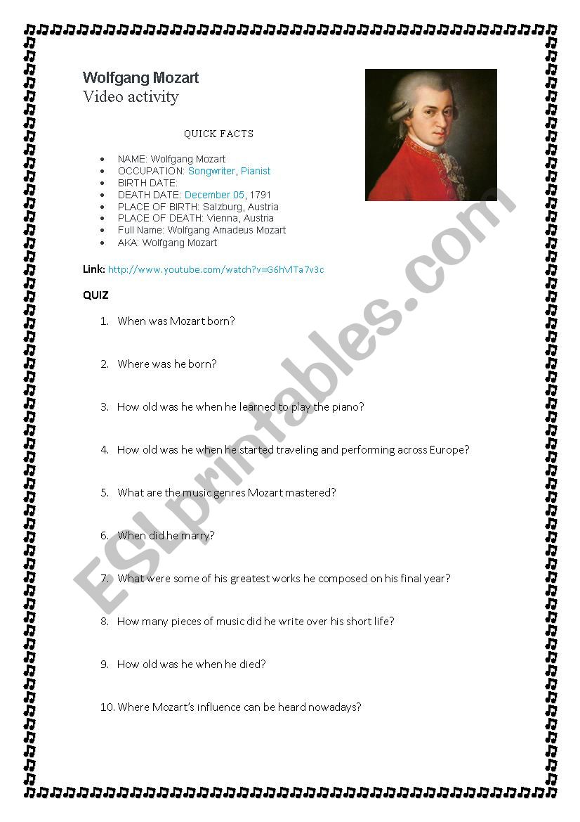 Mozart - Video activity worksheet