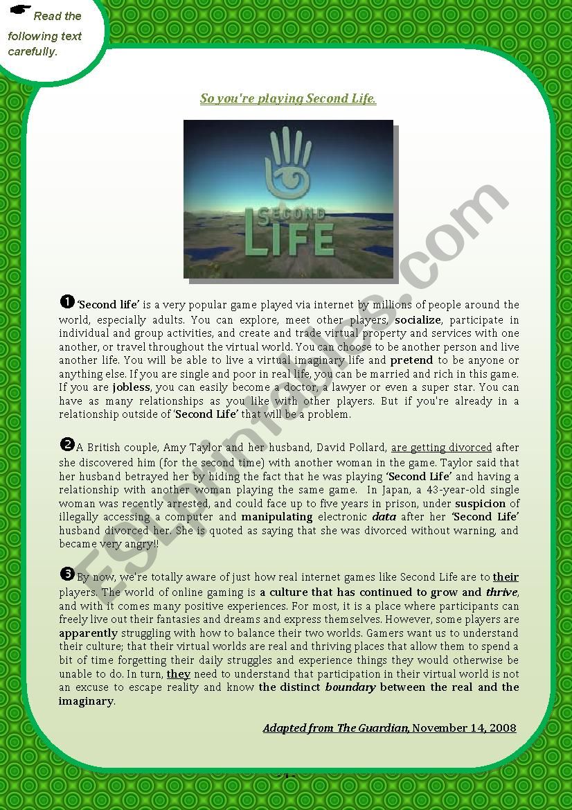 ONLINE GAMES CREATING A Â´VIRTUAL DILEMMAÂ´: PLAYERS OF Â´SECOND LIFEÂ´ TORN BETWEEN THEIR VIRTUAL LIVES AND REAL ONES. 