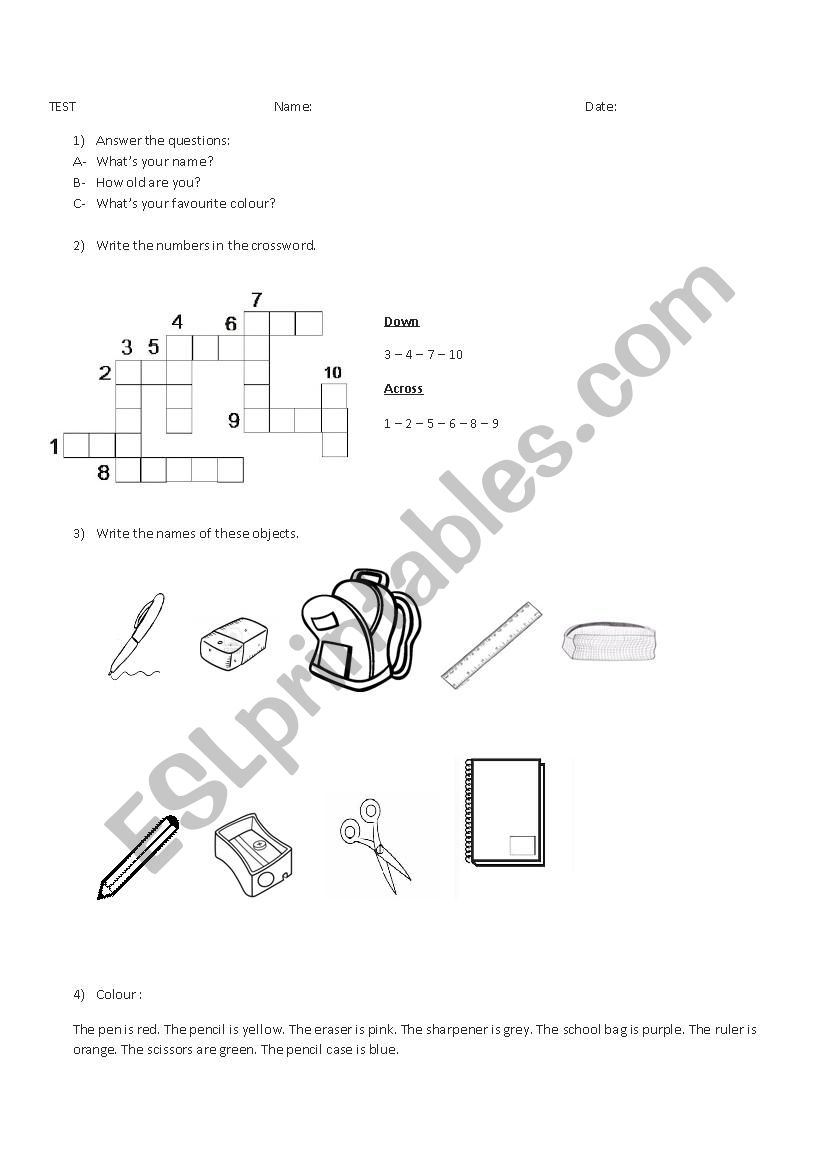 NUMBERS, COLOURS AND CHOOL MATERIALS