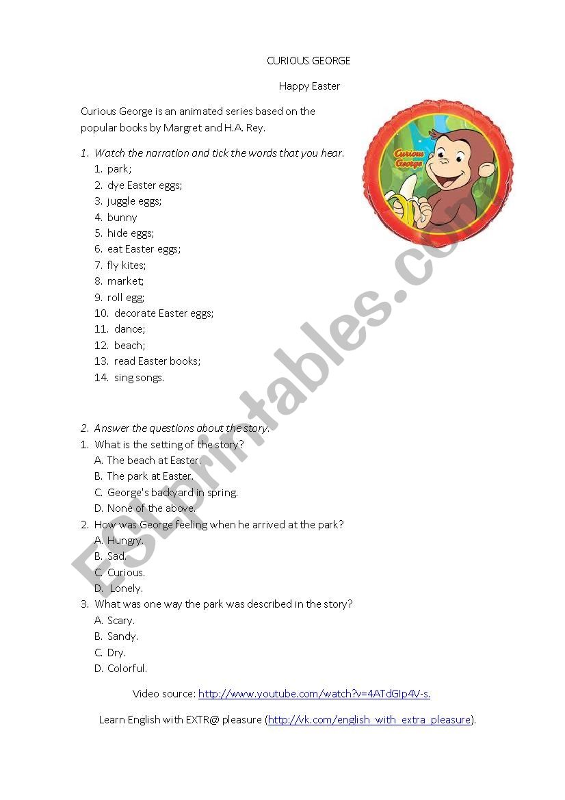 Happy Easter from Curious George. Video Worksheet.