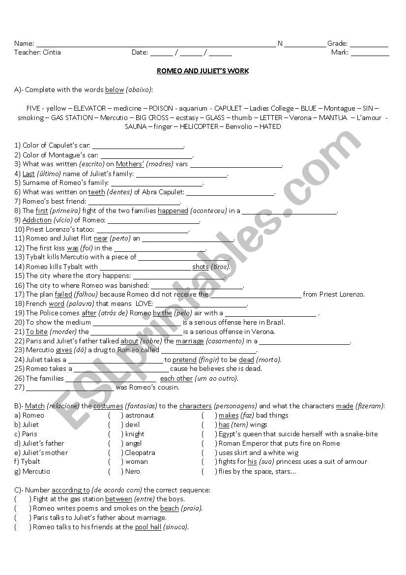 romeo and juliet worksheet