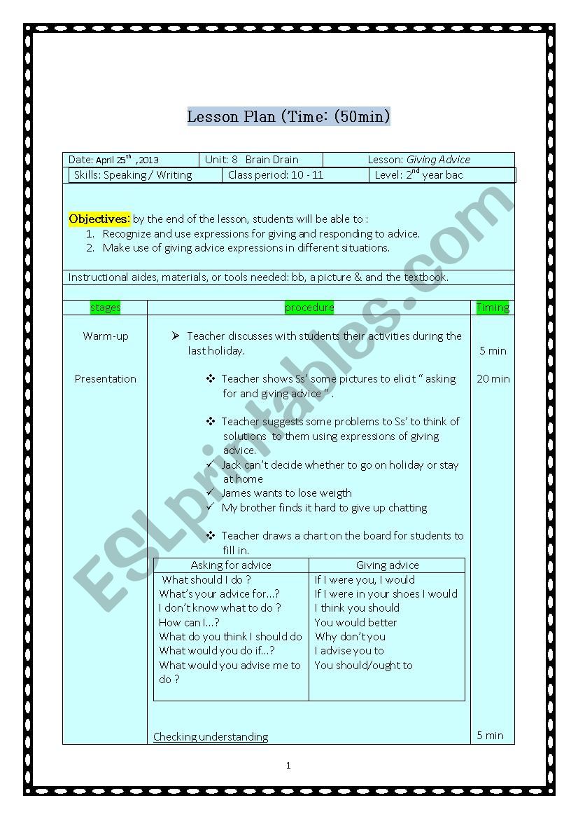 Asking for and Giving Advice lesson plan