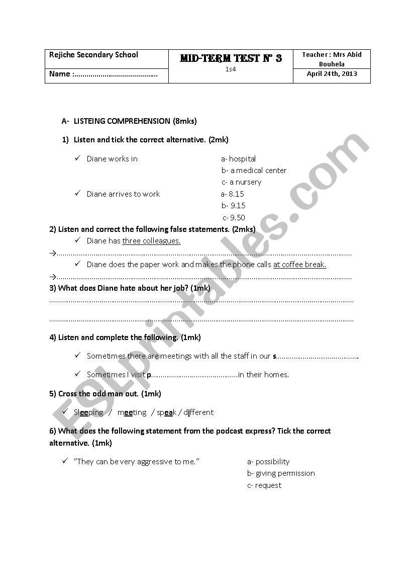 mid-term test n3 for first year secondary education