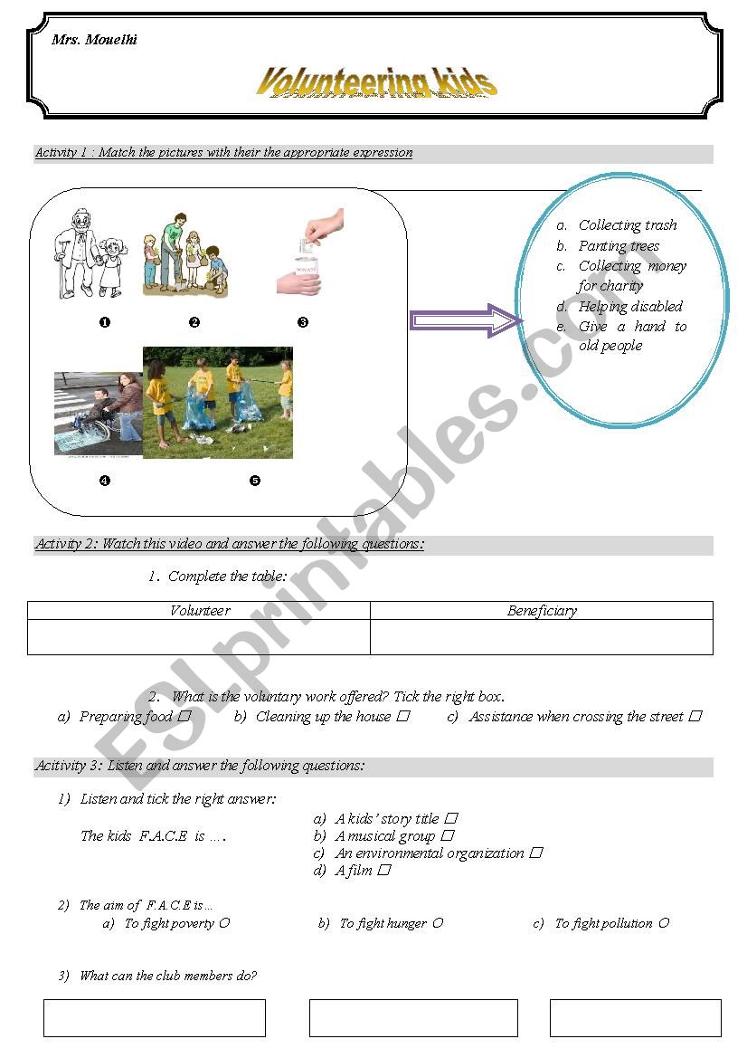 VOLUNTEERING KIDS worksheet