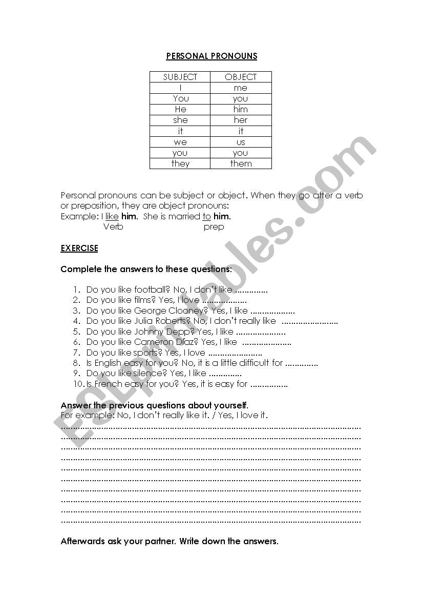 Object personal pronouns worksheet