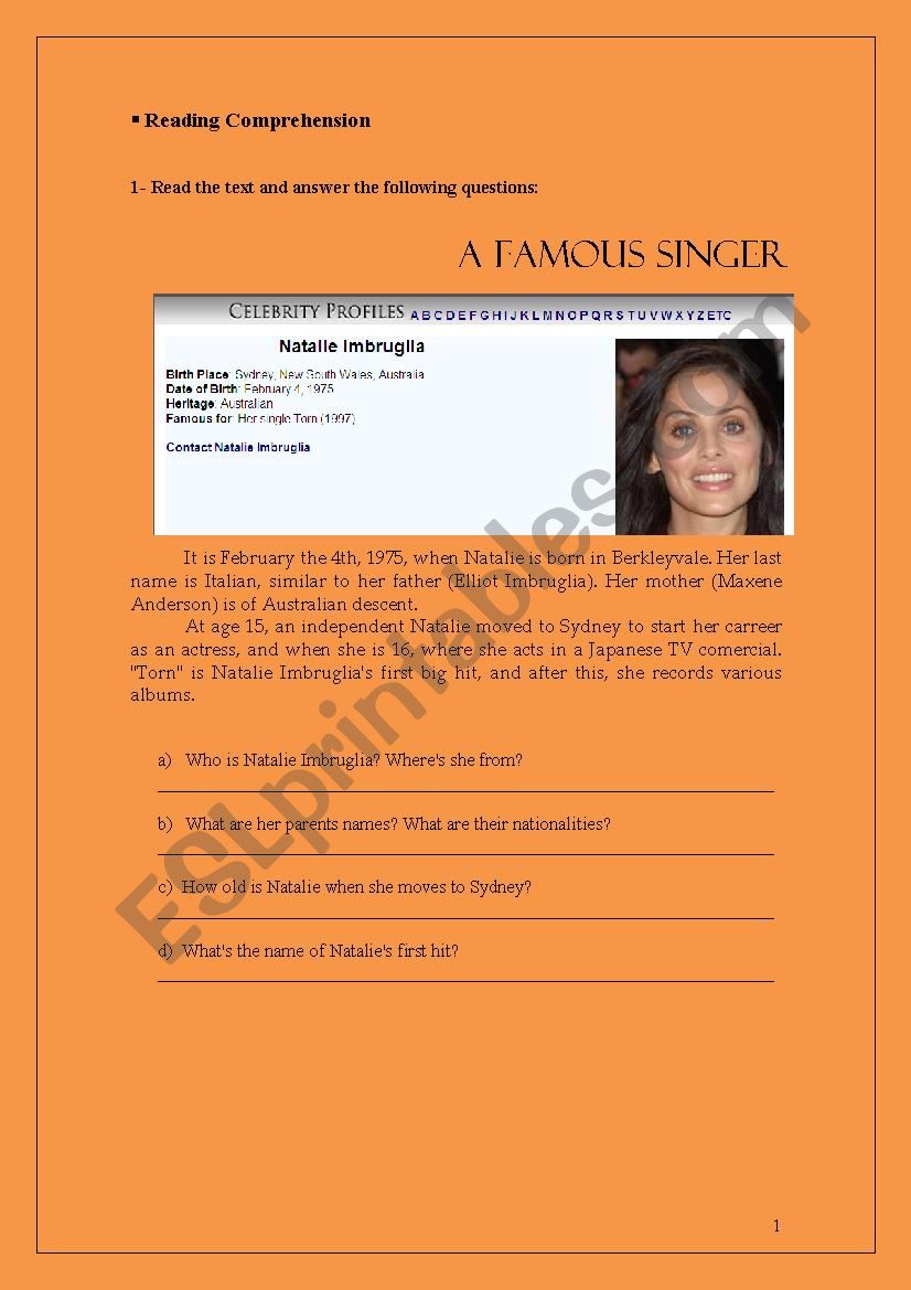 Activity for reading worksheet