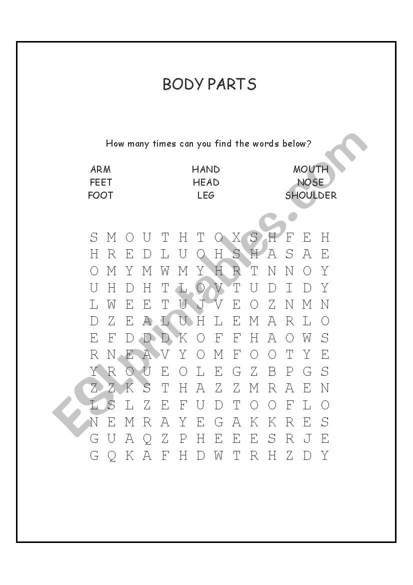 Body_Parts_Wordsearch_Simple worksheet