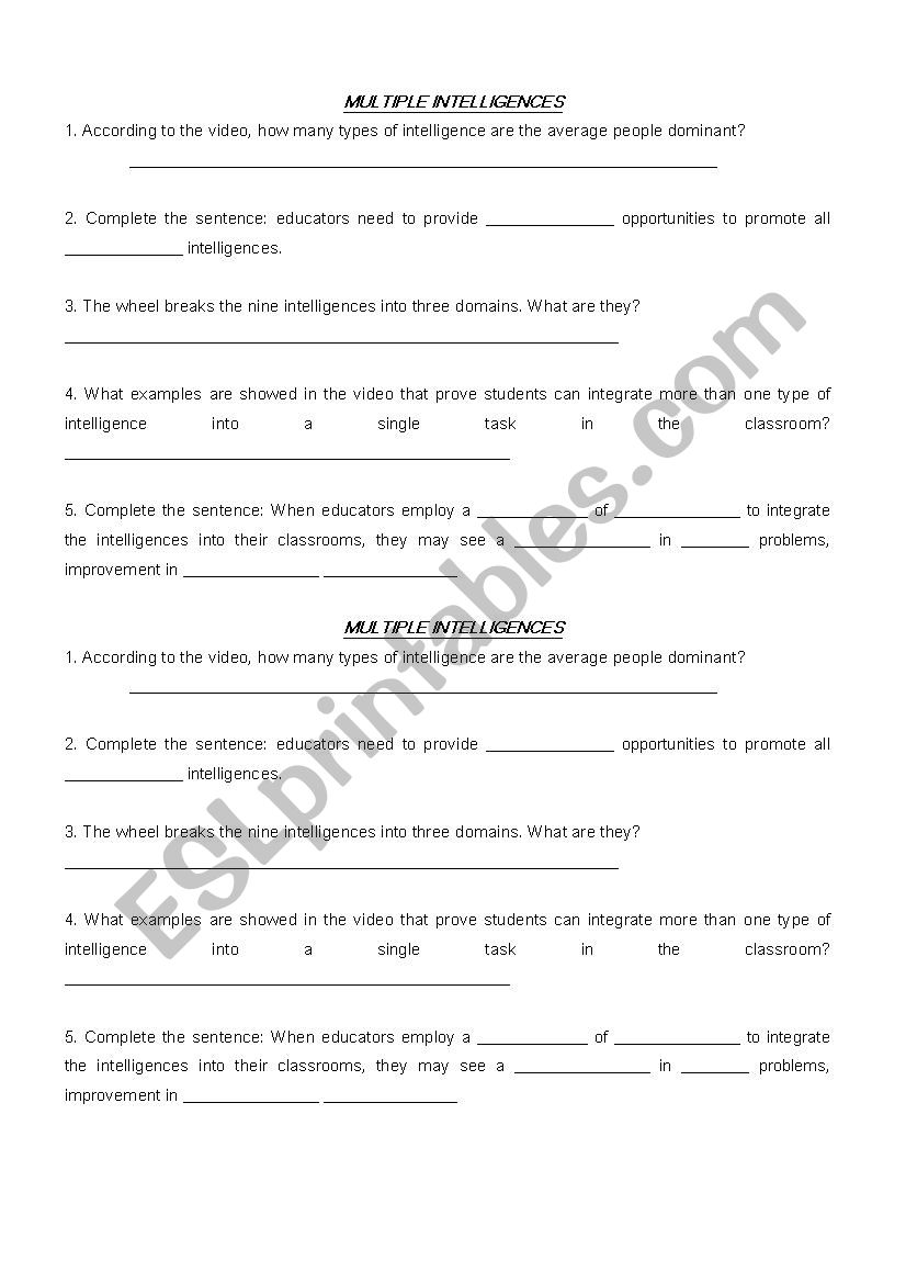 multiple intelligences worksheet