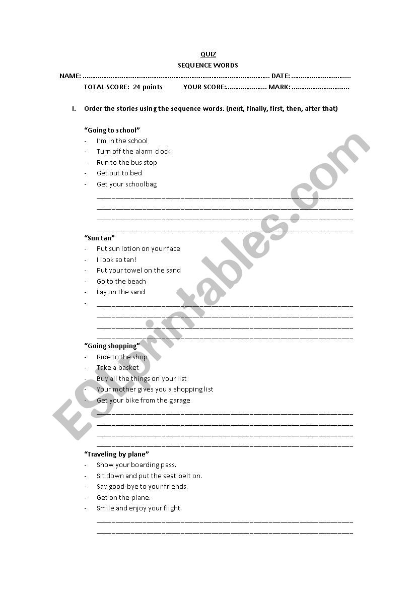 Sequence Words Quiz worksheet