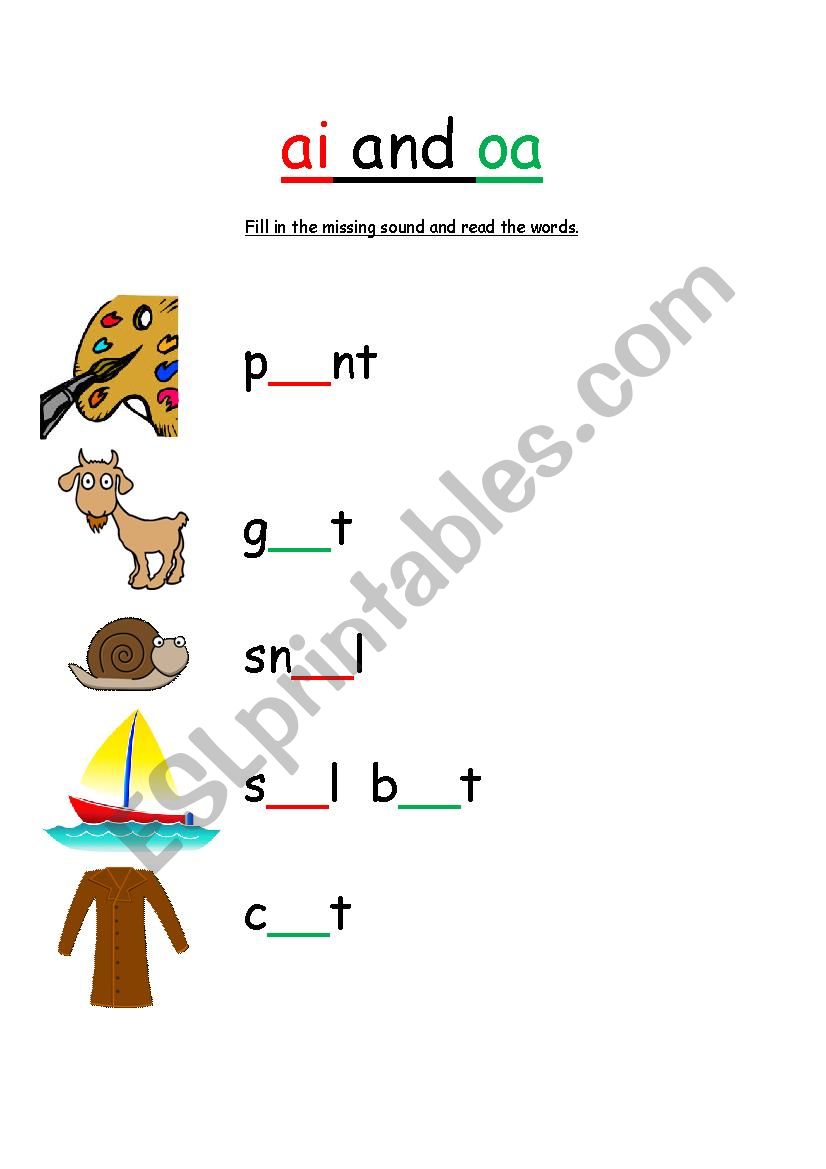 vowel dighraphs ai and oa worksheet