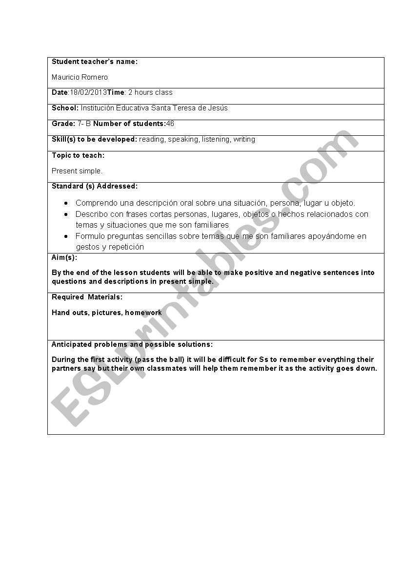 present simple  worksheet