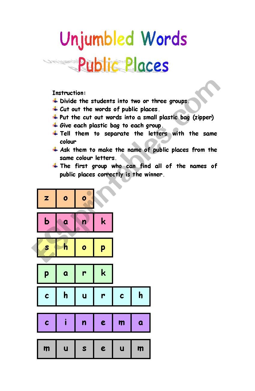 Unjumbled words Public Places worksheet