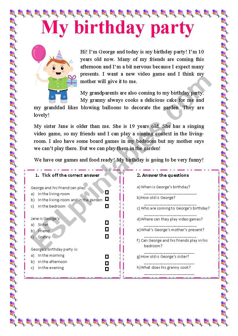 My birthday party worksheet