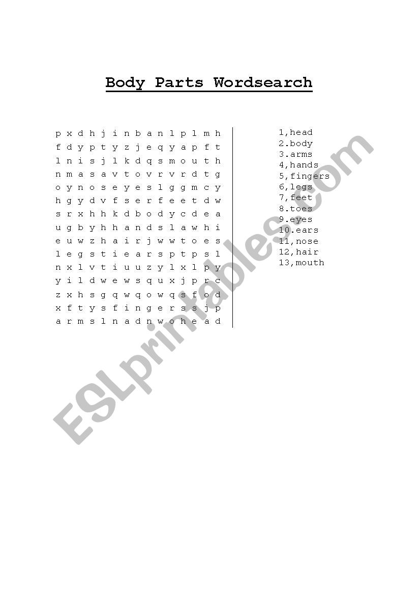 Body Parts Wordsearch worksheet