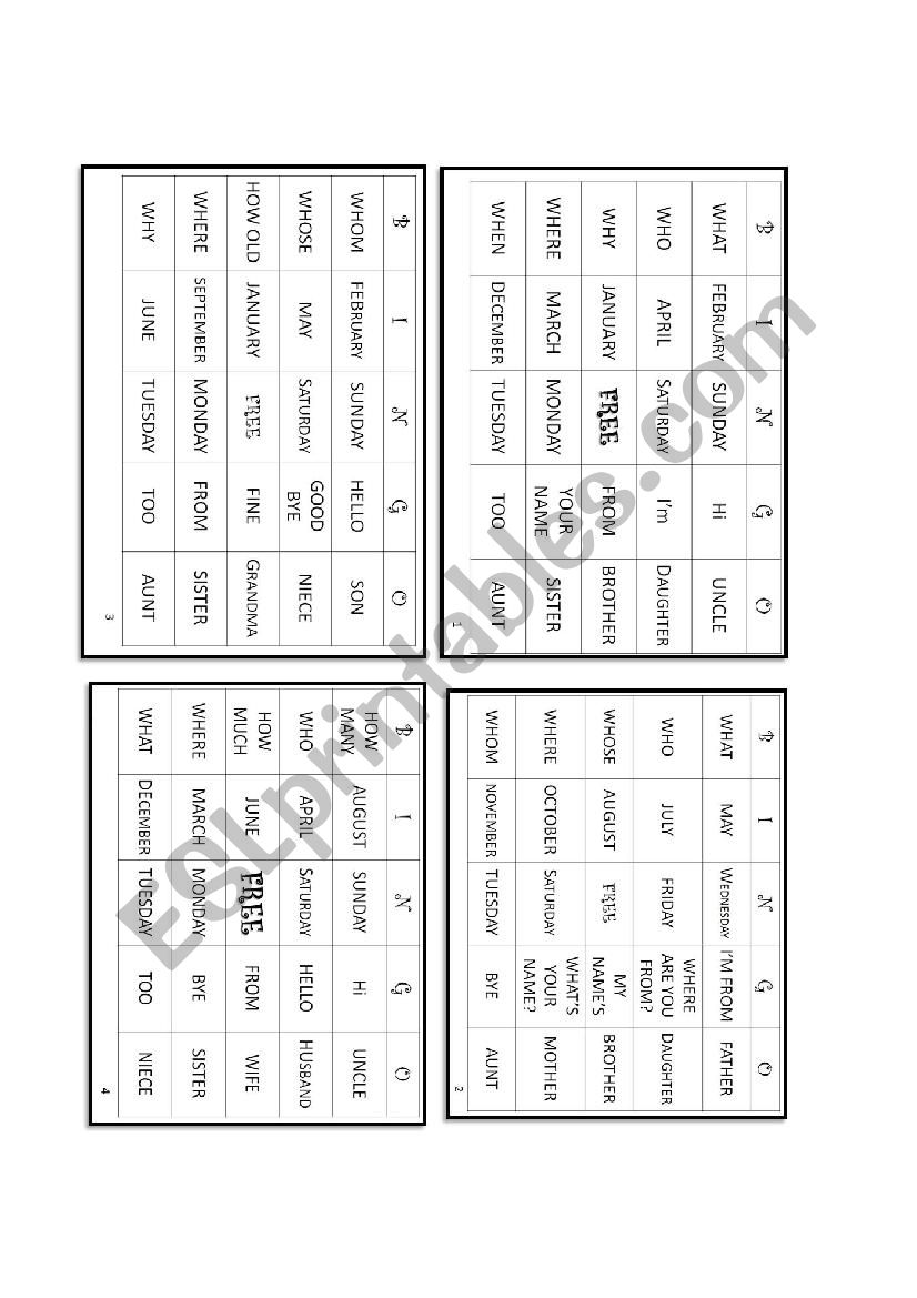 Bingo worksheet