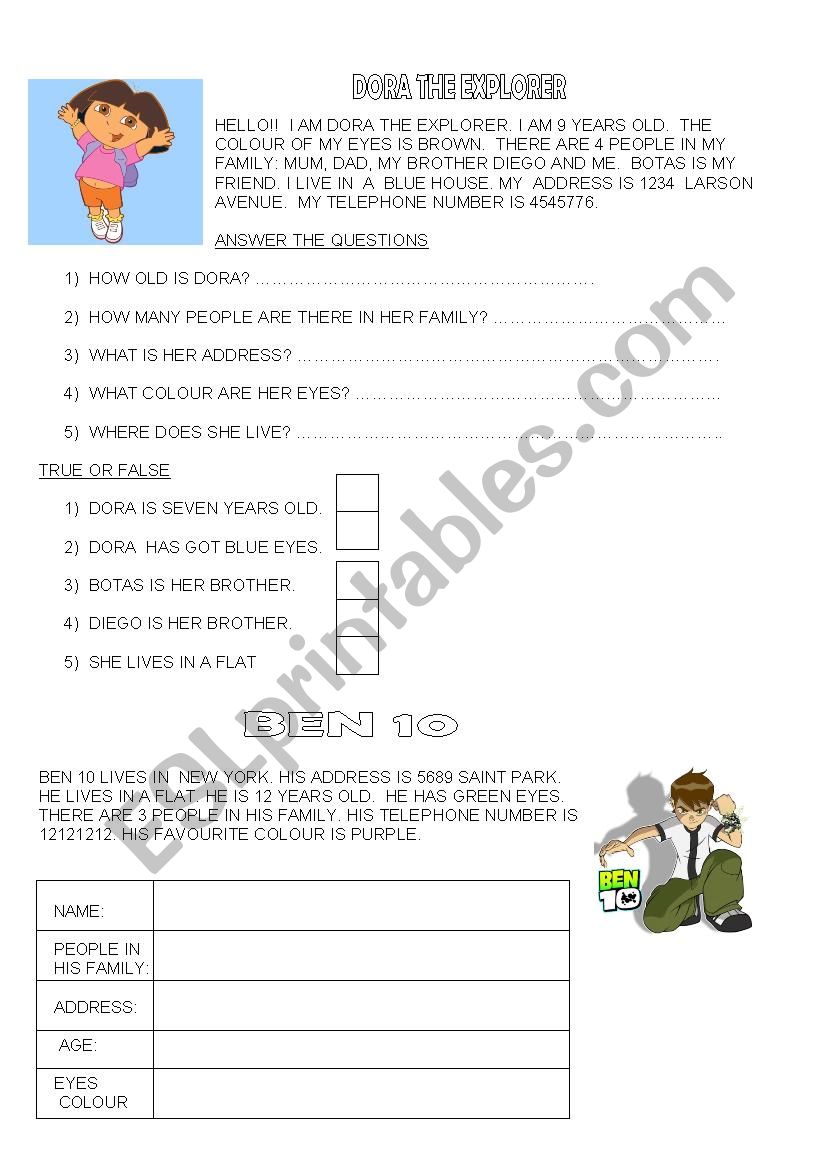 Dora and Ben 10 worksheet