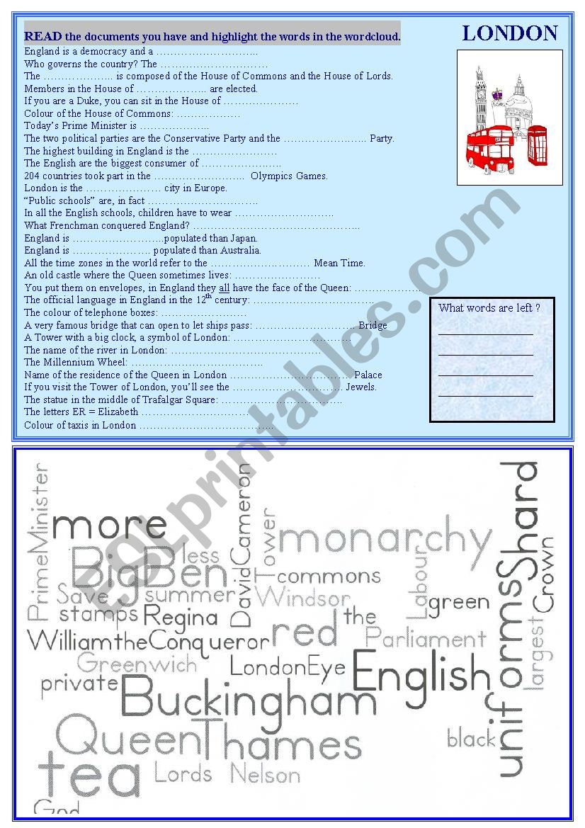 Wordcloud on England  and London, with key