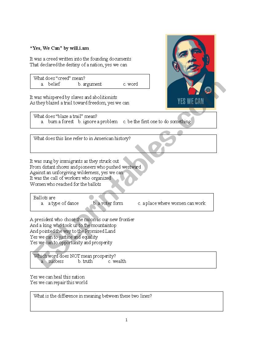 Yes, We Can by will.i.am worksheet