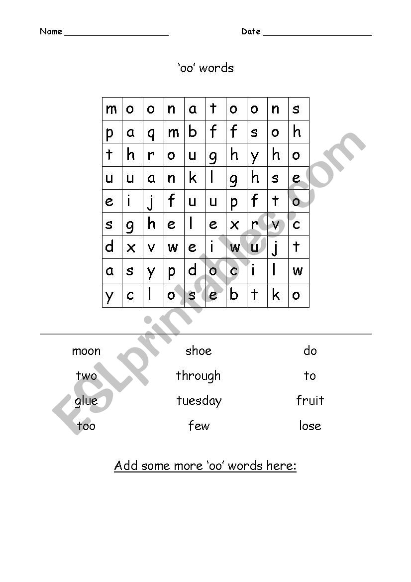 oo word wordsearch worksheet