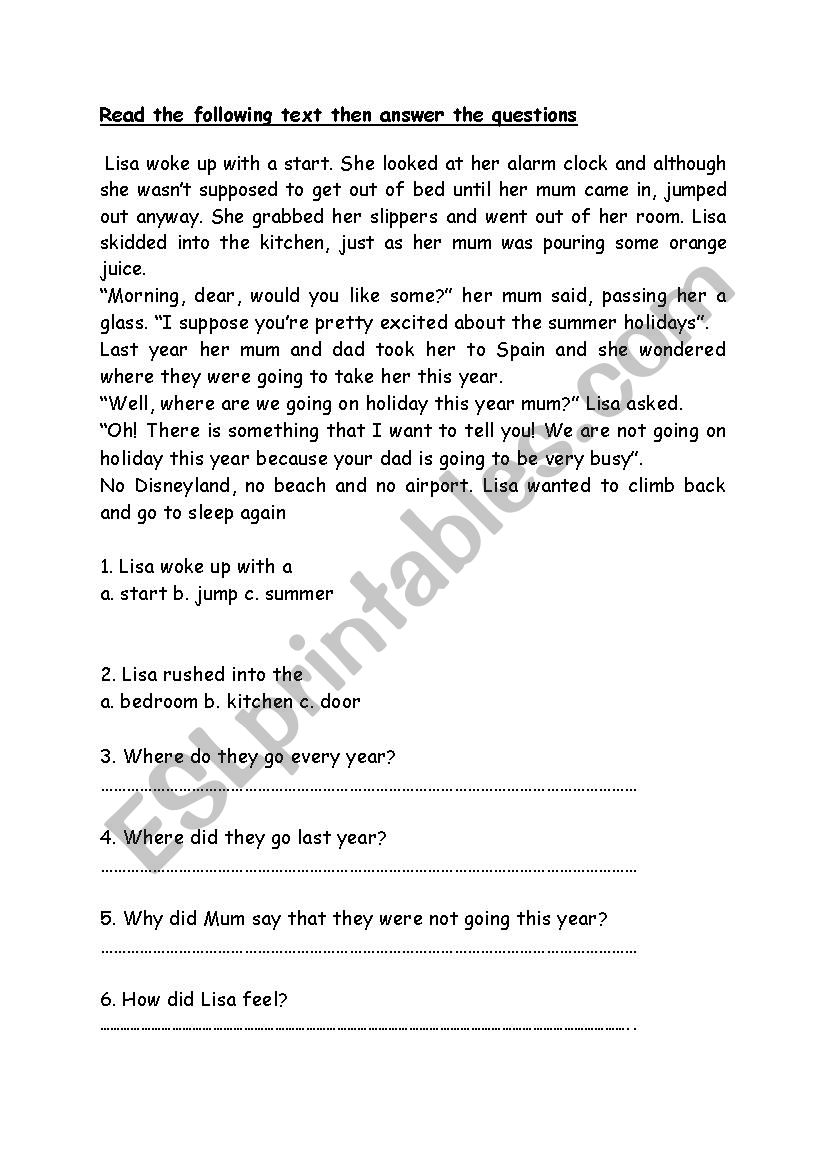 Reading comprehension worksheet