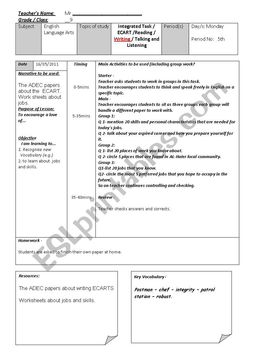 Lesson Plan On Writing About Jobs Esl Worksheet By Shoker2013
