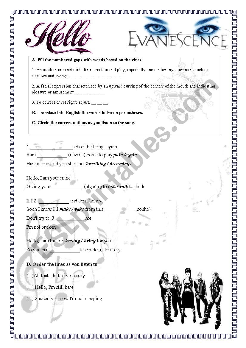 Song HELLO by Evanescence worksheet