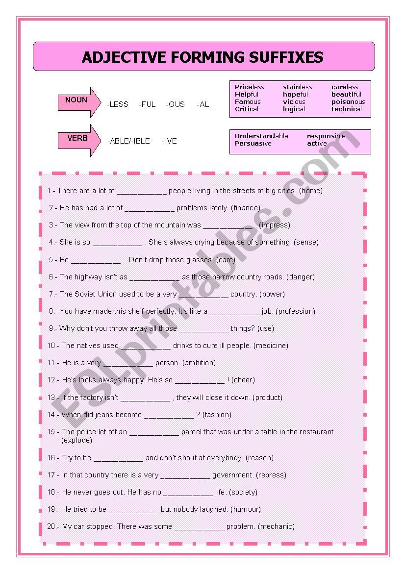 adjectives suffixes worksheet