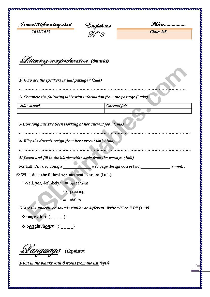 1year mid term test 3 worksheet